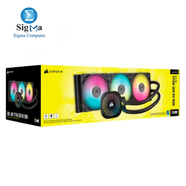 Corsair iCUE LINK TITAN 360 RX RGB     360mm AIO cooler with FlowDrive pump  3x RX120 RGB fans  iCUE LINK  and Intel AMD socket support.