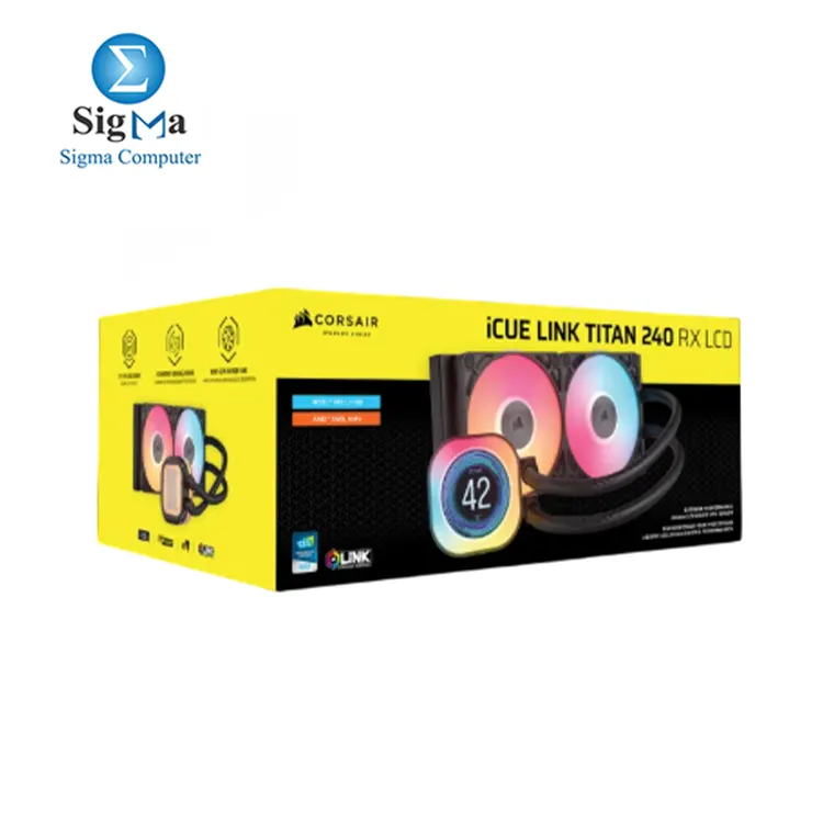 Corsair iCUE LINK TITAN 240 RX LCD     240mm ARGB liquid cooler with LCD screen  FlowDrive motor  RX120 fans  and support for Intel LGA 1851 1700   AMD AM5 AM4.