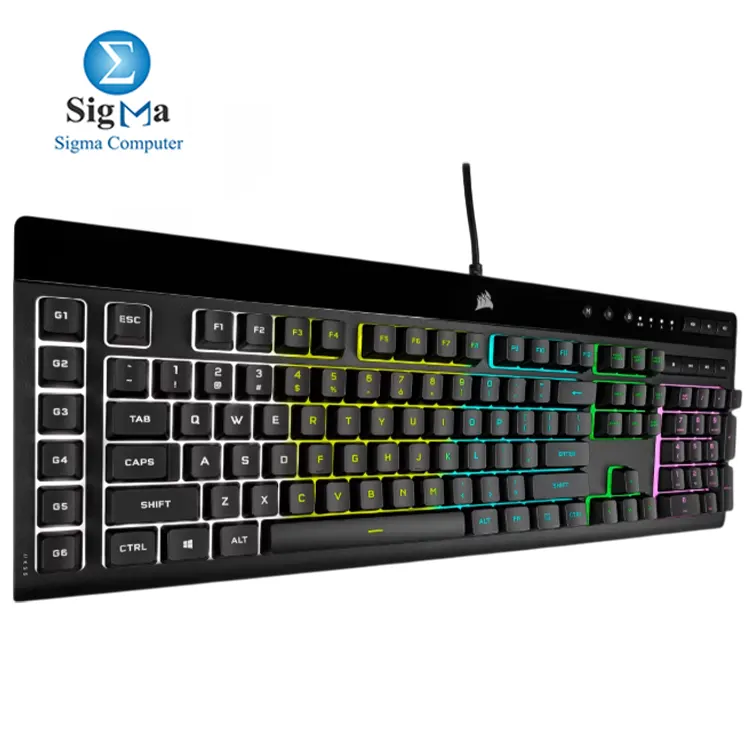 Corsair K55 RGB PRO     RGB backlighting  6 macro keys  media controls  wrist rest  spill-resistant  rubber dome switches  USB wired.
