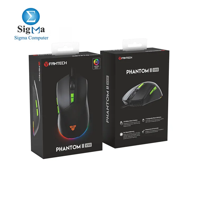 FANTECH PHANTOM II VX6     7 200 DPI  7 programmable buttons  20M clicks  60 IPS  1.8m braided cable.