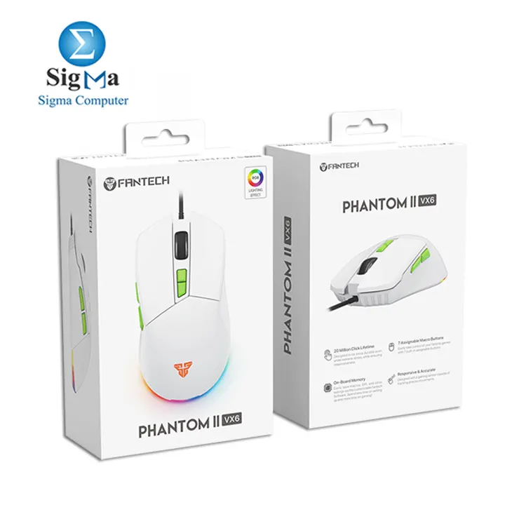 FANTECH PHANTOM II VX6 – 7,200 DPI, 7 programmable buttons, 20M clicks, 60 IPS, braided cable.