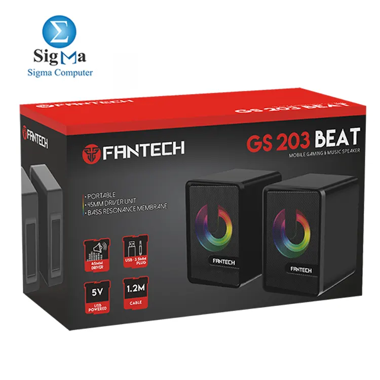 FANTECH BEAT GS203 Gaming Speaker: Portable USB2.0 with 45MM driver, bass resonance membrane, RGB illumination, and in-line remote control.