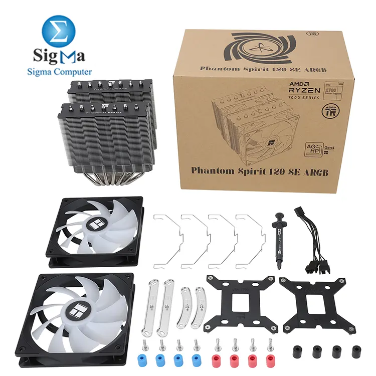 Thermalright Phantom Spirit 120 SE ARGB     Dual tower cooler with 7  6mm heatpipes  154mm height  120mm fan at 1500 RPM  66.17 CFM  ARGB 3-Pin 5V  S-FDB bearing.