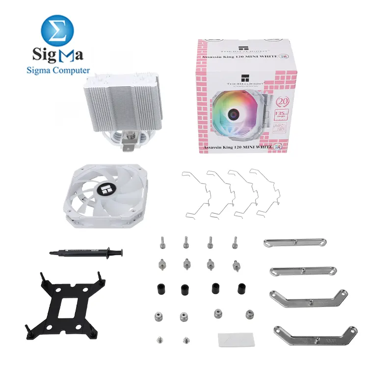 Thermalright Assassin King 120 Mini WHITE ARGB     135mm height  5  6mm heatpipes  980g  120mm fan  1500 RPM  64.87 CFM  25.6 dBA   ARGB  Intel   AMD support