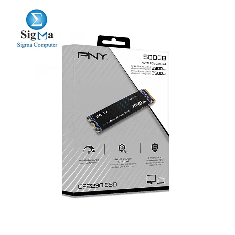 PNY CS2230 500GB M.2 NVMe SSD – PCIe Gen3 x4, up to 3,300 MB/s read, 2,500 MB/s write, 3D NAND, M.2 2280 form factor.