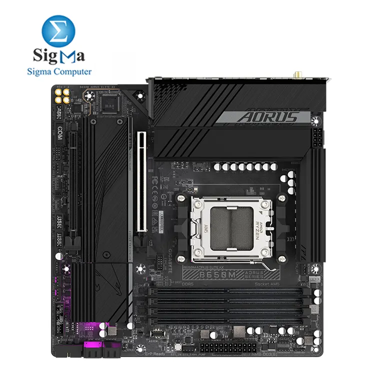 GIGABYTE B650M AORUS ELITE AX – AM5 mATX board with DDR5 support, PCIe 5.0 M.2, 2.5GbE LAN, Wi-Fi 6E, USB-C Gen2x2, and Q-Flash Plus.
