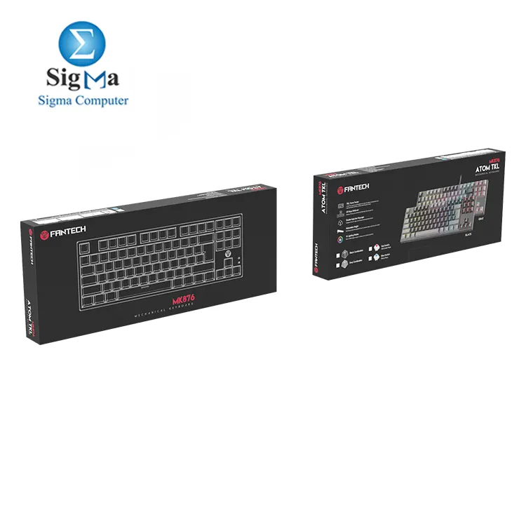FANTECH ATOM MK876 – TKL mechanical keyboard with 87 keys, blue/red switches, 25-key anti-ghosting, double injection keycaps, and 13 RGB lighting modes.