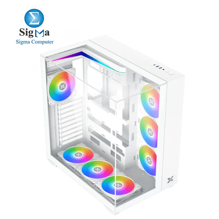 Xigmatek Aqua V Arctic – ATX case with 165mm CPU cooler, 410mm GPU, 7-fan & 360mm radiator support, 3 tempered glass panels, USB-C front I/O.