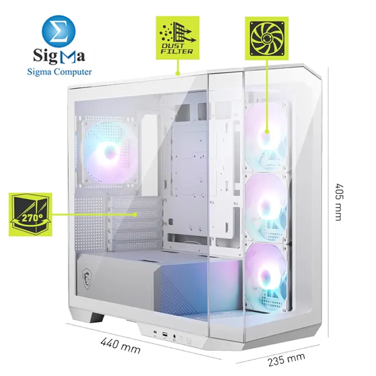 MSI MAG PANO M100R PZ / WHITE – Micro-ATX case with back-connect support, 270° tempered glass, supports 360mm top radiator, 390mm GPU, 4 pre-installed ARGB fans, and USB-C front I/O.