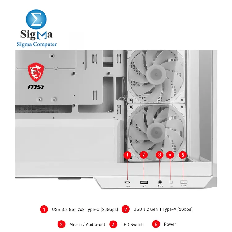 MSI MAG PANO M100R PZ / WHITE – Micro-ATX case with back-connect support, 270° tempered glass, supports 360mm top radiator, 390mm GPU, 4 pre-installed ARGB fans, and USB-C front I/O.