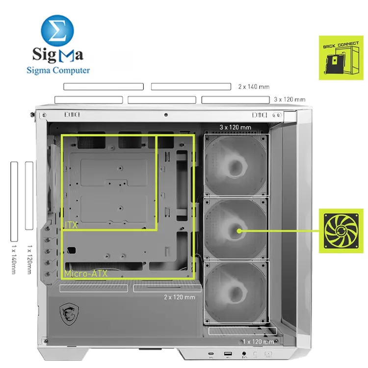MSI MAG PANO M100R PZ / WHITE – Micro-ATX case with back-connect support, 270° tempered glass, supports 360mm top radiator, 390mm GPU, 4 pre-installed ARGB fans, and USB-C front I/O.