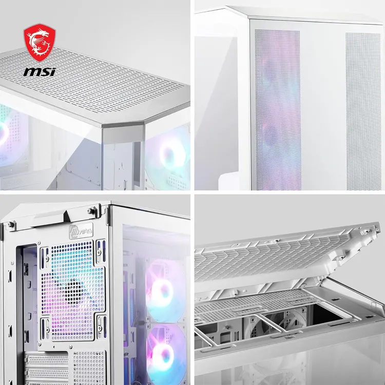 MSI MAG PANO M100R PZ / WHITE – Micro-ATX case with back-connect support, 270° tempered glass, supports 360mm top radiator, 390mm GPU, 4 pre-installed ARGB fans, and USB-C front I/O.