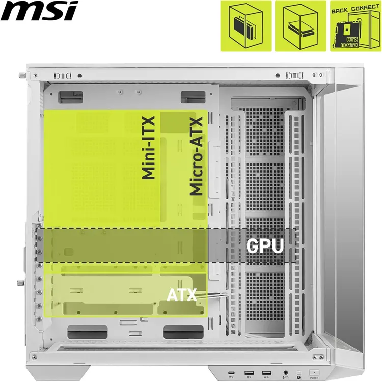 MSI MAG PANO M100L PZ   WHITE     Micro-ATX case with 270   panoramic glass  supports back-connect M-ATX  360mm top radiator  up to 10 fans  390mm GPU  and DIY-friendly design.